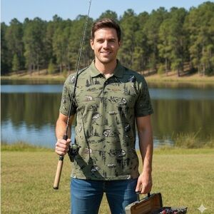 Weekend Soul Mens Sz M Fisherman Print Polo Shirt Fish Bass